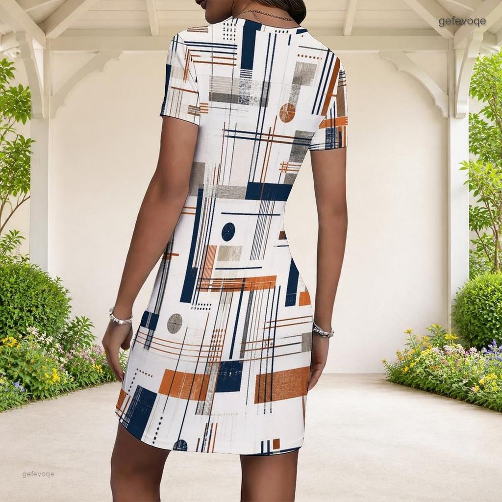 Women Plus Size Round Neck Short Sleeve Geometric Printed Fitted Mini Dress Black White Orange