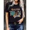 European Size Women'S Leopard Print Floral Graphic T-Shirt - "Small Town "Design,Casual Crew Neck, Black Summer Top for Casual Attire, Ladies T Shirts