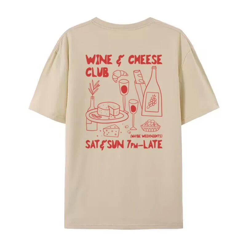 Retro Style Wine Cheese Club Graphic Tees Unisex Cute Funny Food Lover T Shirt Loose Vintage Streetwear Tshirt Unisex Fashion Top