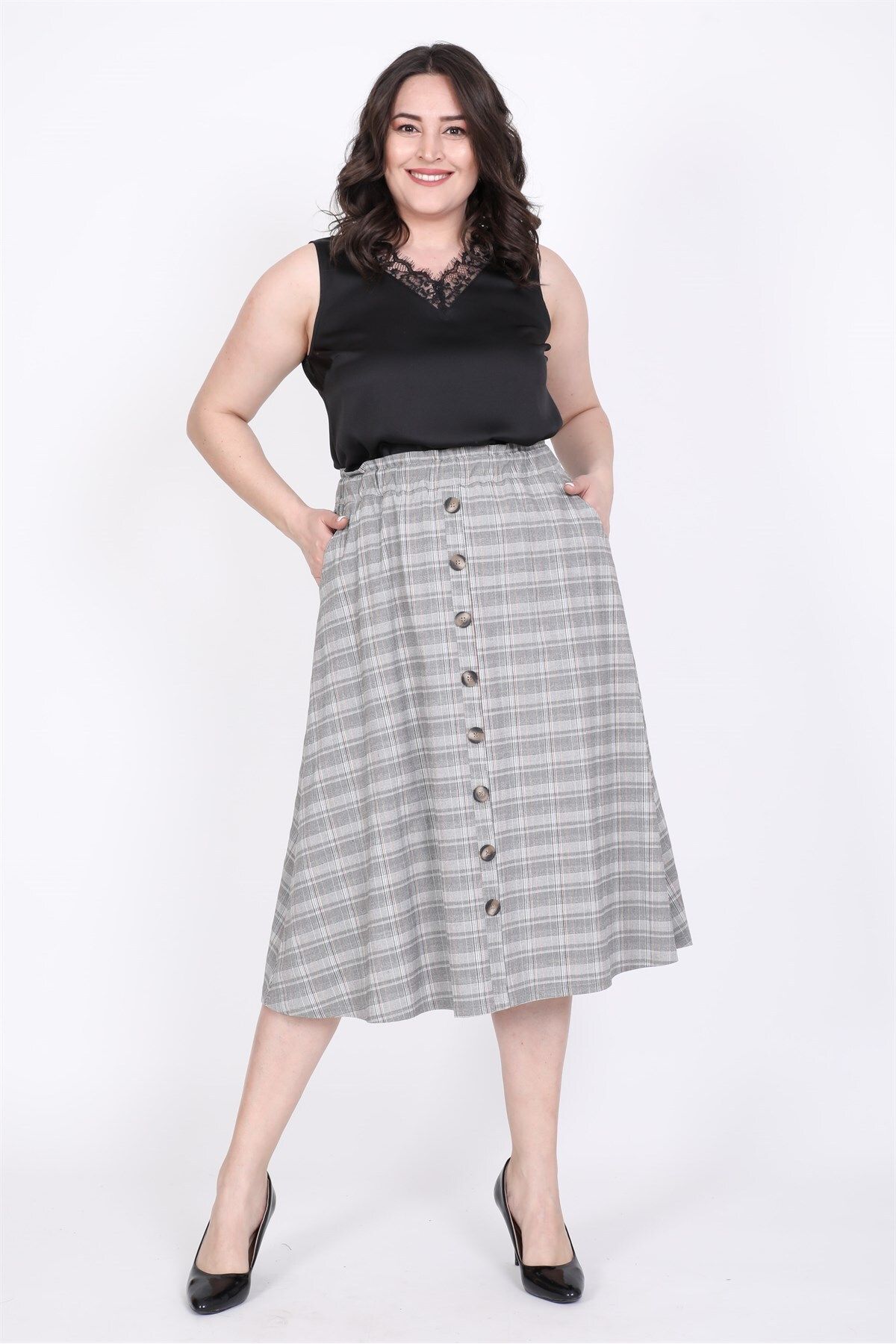 

Women s Style Big Size Skirt Checked Elastic Waist Skirt L