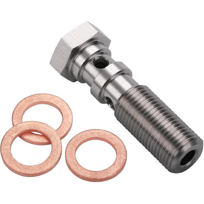 M10x1.0 Metric Stainless Steel Double Banjo Bolt Brake Fitting Adapter 30mm Long with Copper Washers