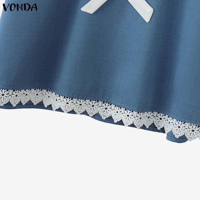 VONDA Elegant Women Turn Down Collar Lace Hem Bow Casual Short Sleeve Blouse