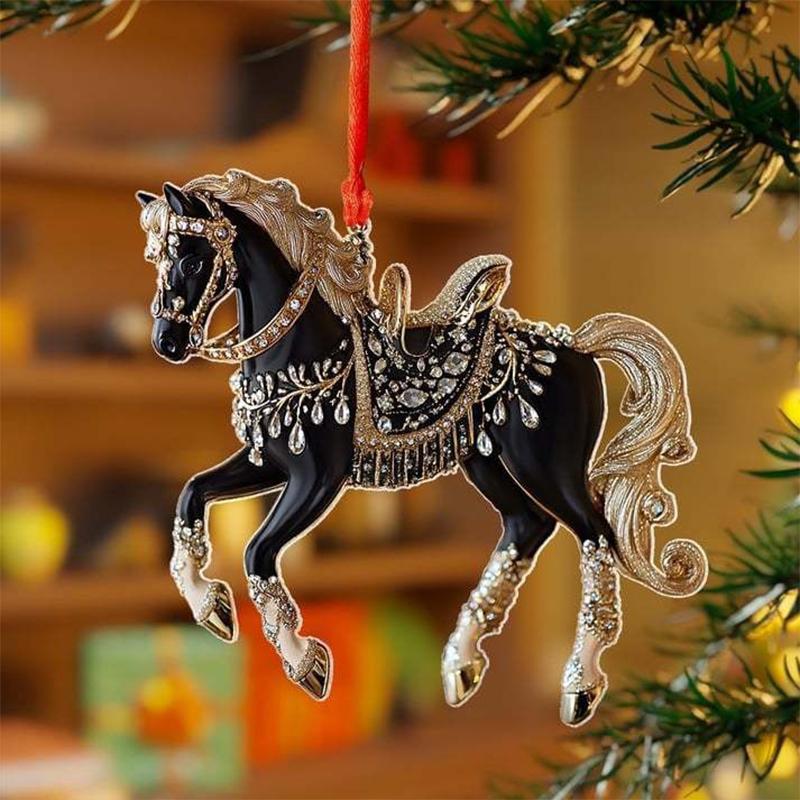 2D Acrylic Horse Car Rearview Mirror Pendant Charm Christmas Tree Ornament Party Latest Year Hanging Keychain Christmas Decorations
