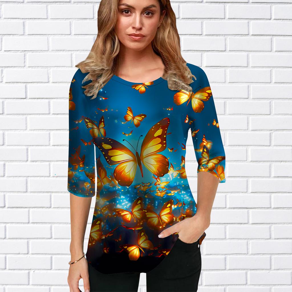 Womens Blouse 3D Colorful Butterfly Printing Flower Half Sleeve Tops Summer Casual Tops Printed Round Neck Half Sleeve T Shirt