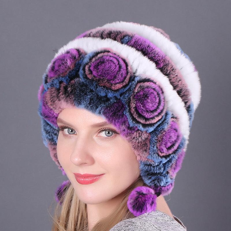 Frauen Herbst Winter Wärme Verdickte Gehörschutz Pelz Gras Rex Kaninchen Haar Hut Drei Ball Runde Strickmütze