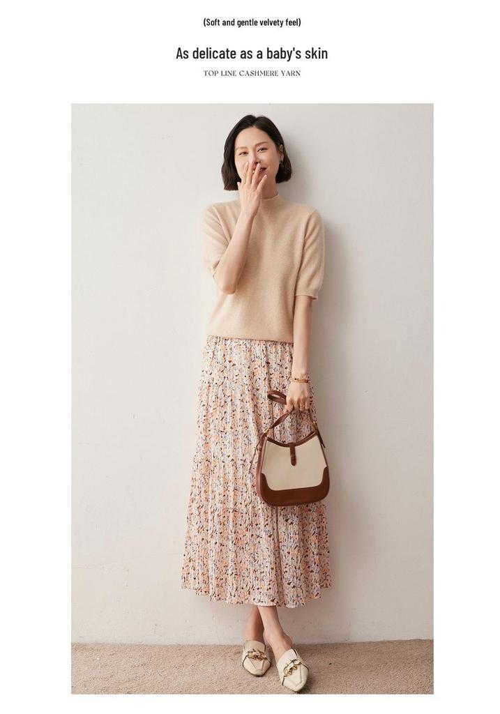 2024 Women's Cashmere Knit Sweater: Short-Sleeve, Half-High Neck, Base Layer