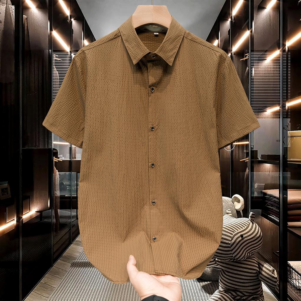 Summer Men's Shirt Short Sleeve Bubble Yarn Concave and Convex Texture Fabric Thin Quick Drying Flip Collar Short Sleeve Shirt