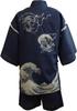 Jinbei Shijira Weave Cool Summer Cotton Discharge Original Pattern Japanese Pattern Wind God Raijin Wave Navy LL [Edo Ten] 100%