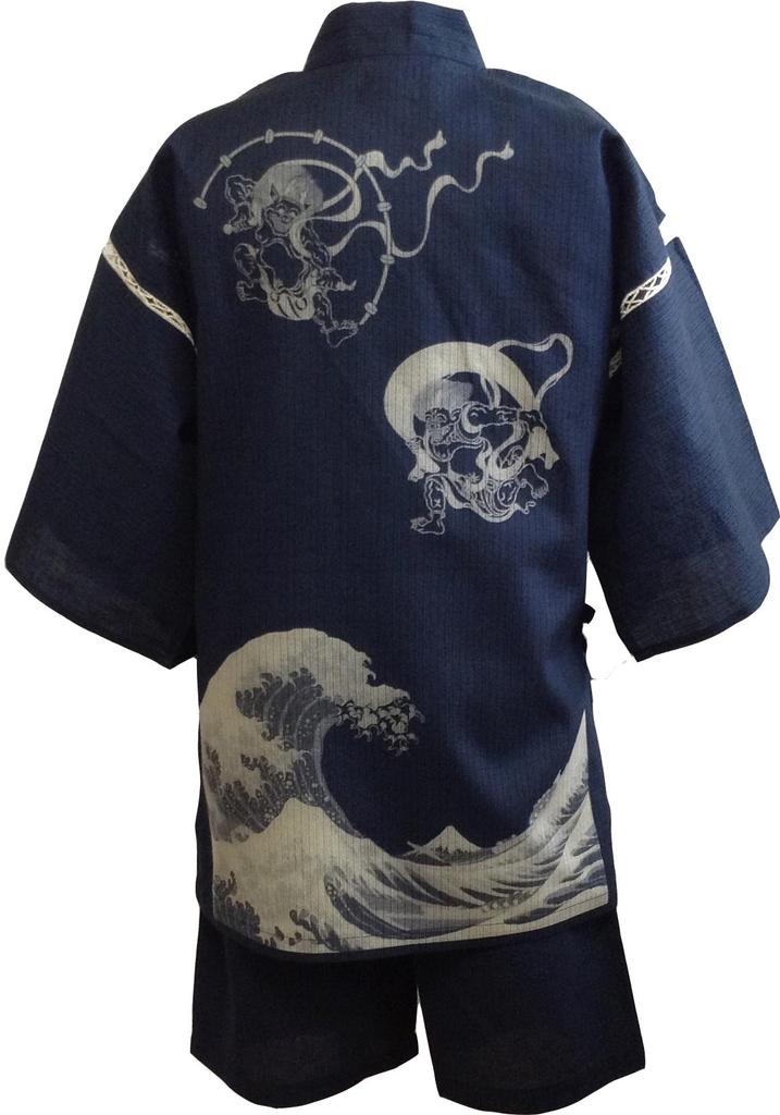 Jinbei Shijira Weave Cool Summer Cotton Discharge Original Pattern Japanese Pattern Wind God Raijin Wave Navy LL [Edo Ten] 100%