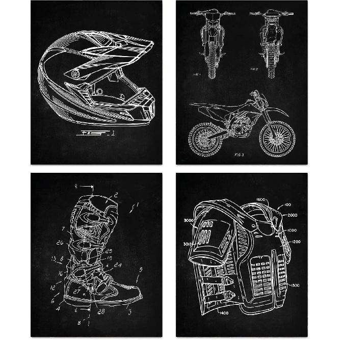 MOOXO Motorcycle Dirt Bike Patent Wall Art, Vintage Motocross Canvas Posters, Helmet Body Armor Motorbike Boots Art Prints for Man Cave Garage Home