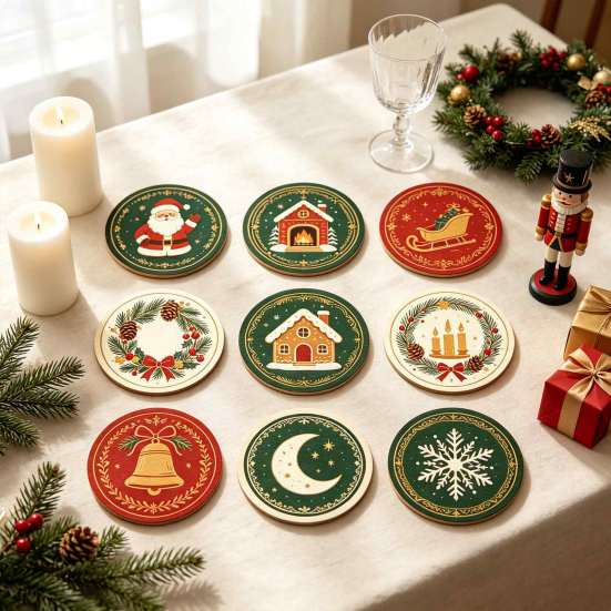 Christmas Wooden Coasters 9Pcs Set, Heat Resistant Cup Mats, Waterproof Non Slip Drink Round Table Protection Mats for Home Office Desk Accessories