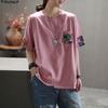 Dimanaf Summer Women T-Shirt Cotton Tshirt Fashion Floral  Print Patchwork Tops Tees Home Wear Shirt Loose Casual