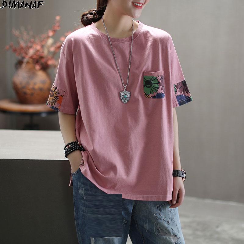 Dimanaf Summer Women T-Shirt Cotton Tshirt Fashion Floral Print Patchwork Tops Tees Home Wear Shirt Loose Casual