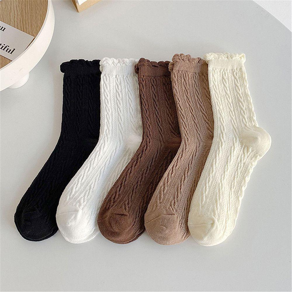 

Черно-белые длинные однотонные универсальные кружевные носки, носки в стиле Лолиты, осенне-зимние хлопковые чулки бежевый