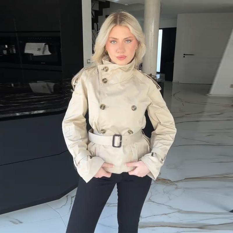 Stand Up Collar Lace-up Short Trench Coat Women's Long Sleeve Double Breasted Thin Slim Jacket Commuter Windbreaker 2025 Autumn Coatwear