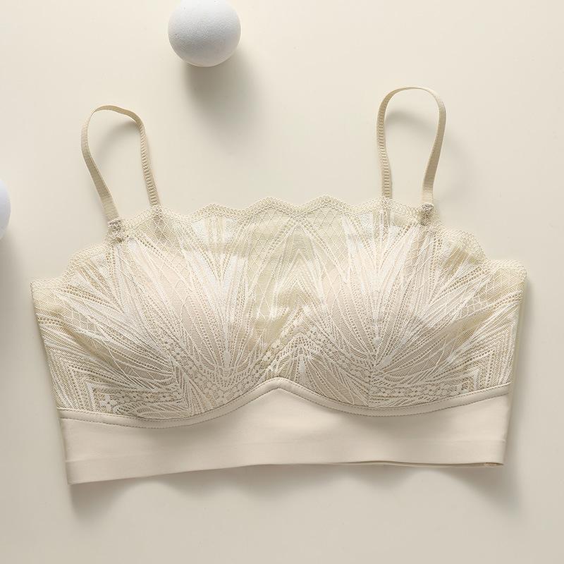 Tube Top Underwear Women's Summer Thin French Lace Suspender Anti-light Beautiful Back Comfortable and Breathable Triangle Cup Bra Cover