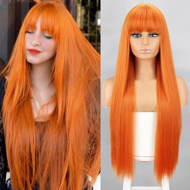 Oranžové syntetické paruky Dlouhé rovné paruky s ofinou pro ženy Růžově červená Cosplay Party Denně používejte přírodní vlasy