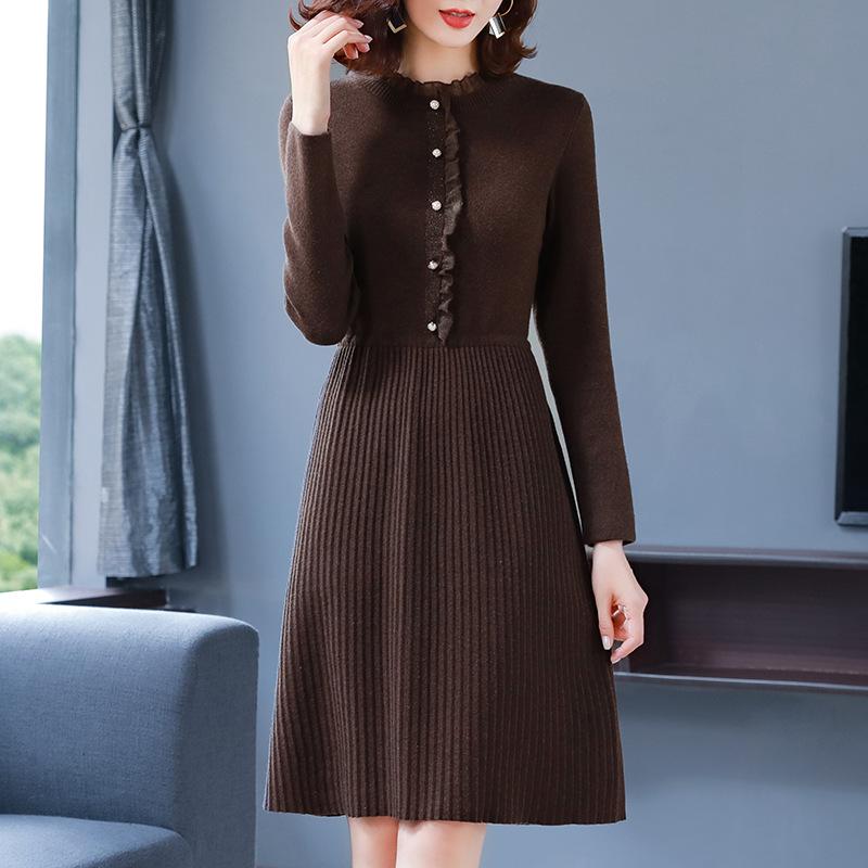 Knitted Dress for Women's Winter Casual Half Turtleneck Sweater Slim Solid Color Mid-length Sweater Dress