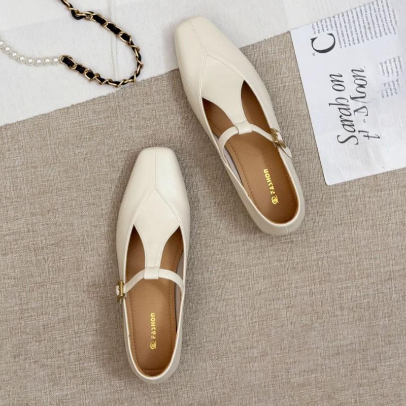 2025 New Women's Fashionable high quality and elegant  Leather Flats Soft Comfort Elegant Ladies Square Heel  Shoes