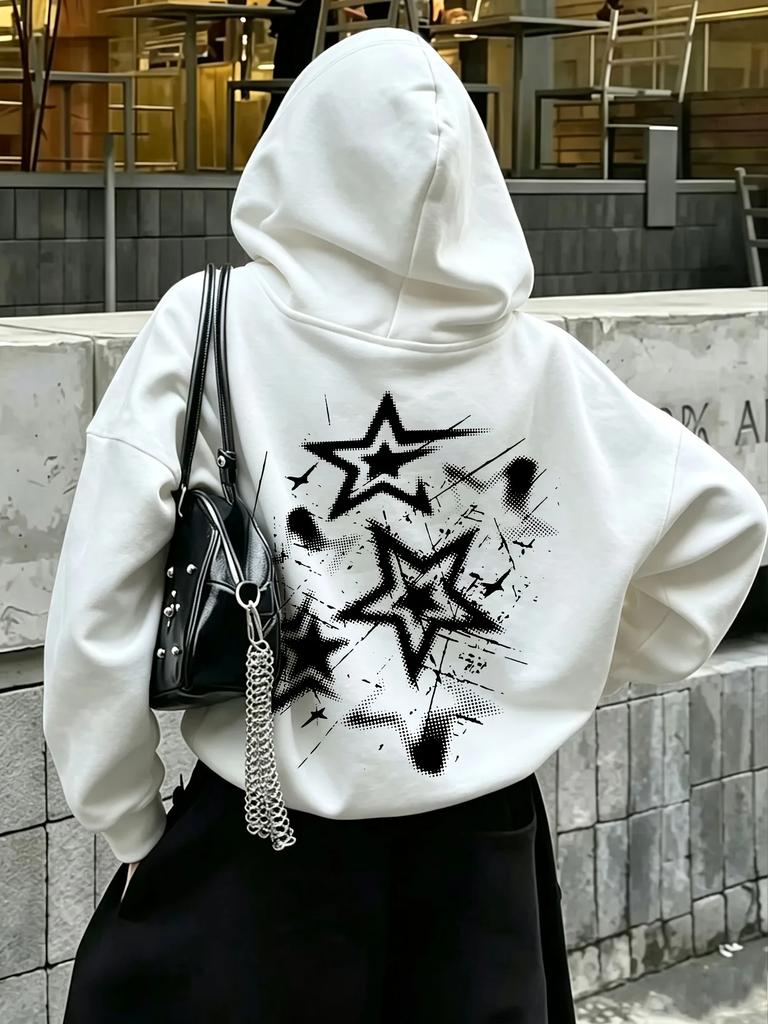 Men's Grunge Star Sports Hoodie Splash Ink Print Light Gray Oversized Pullover Streetwear Sweatshirt Spring Autumn