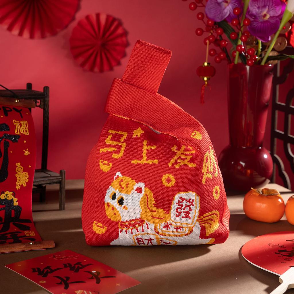 2026 Horse Year Cartoon Mascot Pony Knitted Gift Bag Handheld Candy Bag Knot Wrist Bag Cute Tote Bag Reusable Shopping Bags