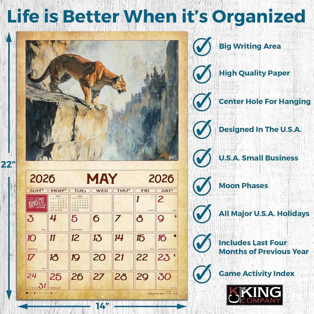 2026 Vintage Wildlife Wall Calendar 16-Month X-Large Size 14x22, Retro Widllife Calendar by The KING Company-Monster Calendars