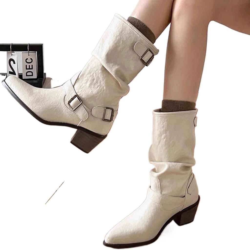 Pointed Thick Heel Martin Boots Women's 2025 Autumn and Winter New Soft Leather European and American Style Tube Stacking Boots White Short Boots Wom