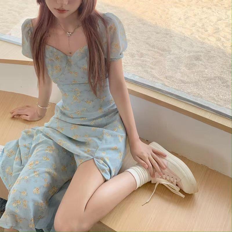 Coffee break French blue bubble sleeve floral dress women s summer new high-end first love sweet split dress S