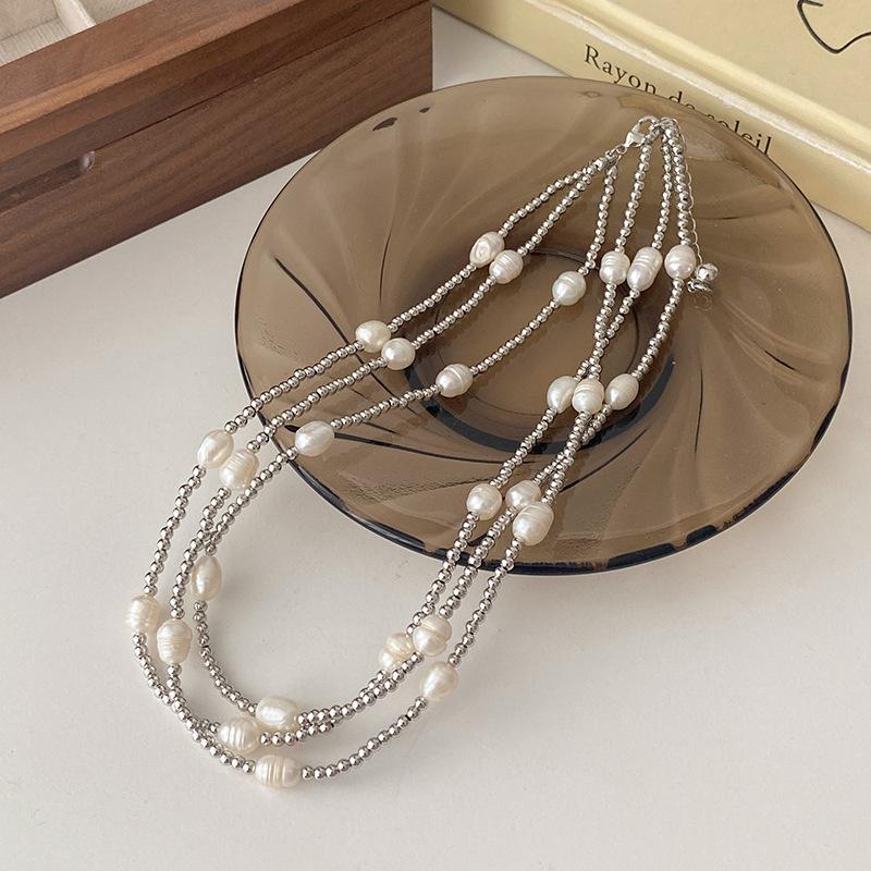 

Three-Layer Stacked Freshwater Pearl Splicing Titanium Steel Necklace Women S Summer Design Sense Fashion Collarbone Chain Stainless Steel Neck Chain