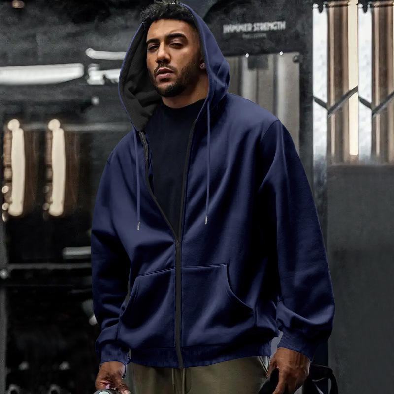 Men S Loose Fleece Lined Drawstring Colorblock Hooded Zip Cardigan Sweatshirt