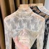 Fleece-Lined High-Neck Sheer Lace Base Layer for Women – Autumn/Winter Trendy White Mesh Top