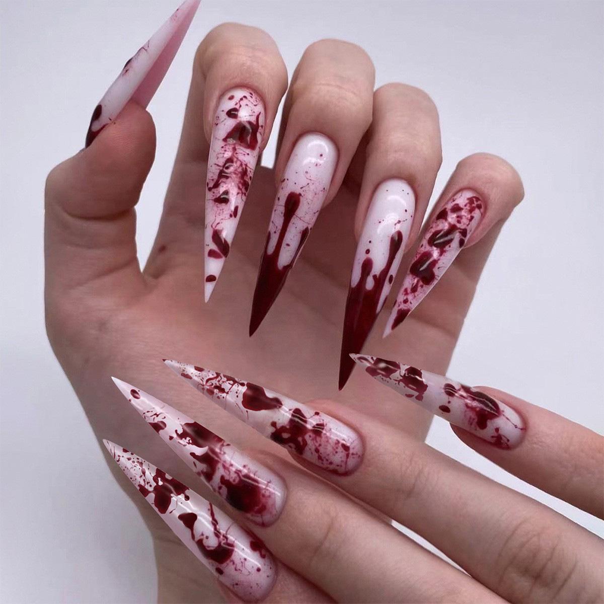 

Cross-Border Halloween Wearable Long French Manicure Blood Drop Nail Tips