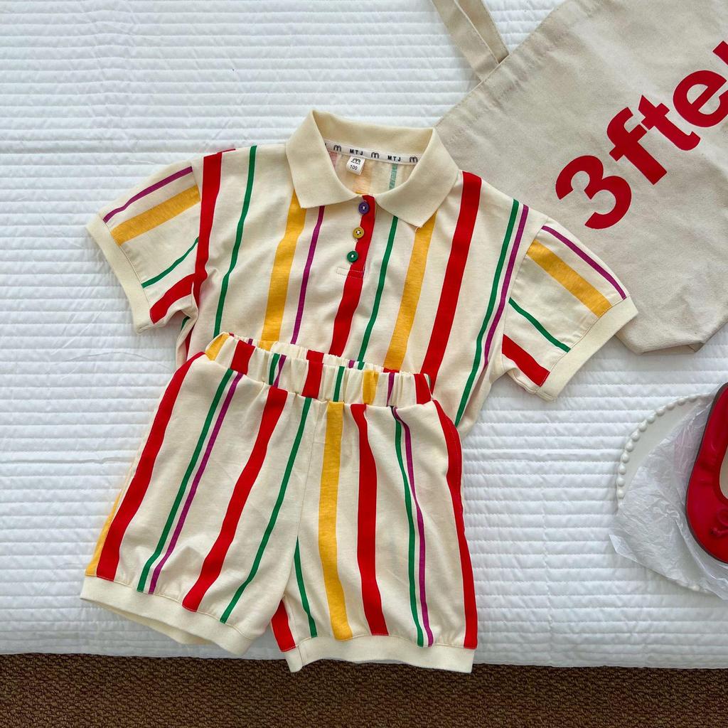 Koreaanse Broer/Zus Gestreept Gebreid Setje: Polo Jurk voor Meisjes & Korte Broek Set voor Jongens