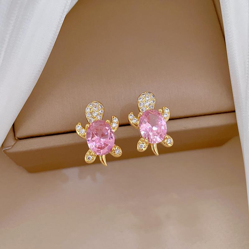 Pink Synthetic Zircon Turtle Pendant Jewelry Set Earrings Necklace for Women