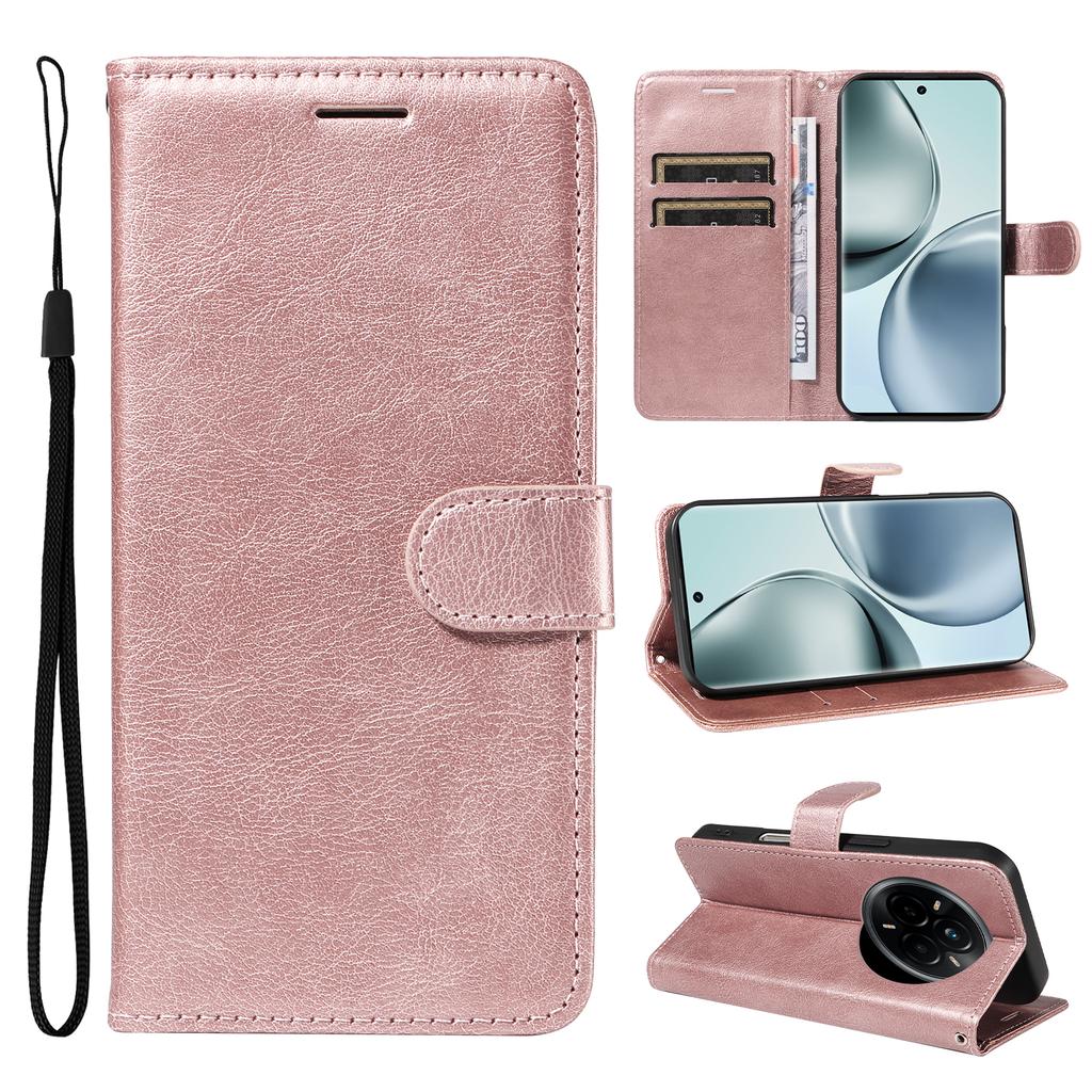For Realme 14 Pro 5G Leather Wallet Case with Strap Solid Color Phone Stand Cover