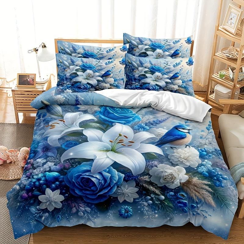 2/3Pcs Blue Lily Fleece Duvet Cover Set (1 Duvet Cover, 2 Pillowcases, Excluding Filling), Blue Lily Digital Printed Bedding Set
