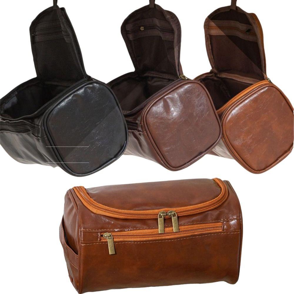 Travel PU Leather Men Toiletry Bag Vintage Luxury Zipped Cosmetic Bag Large Capacity Waterproof Wash Organizer Business
