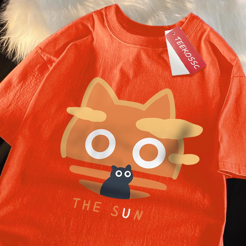 The Sun Orange Cat Fun Japanese Style Male Cotton O-Neck T-Shirt Summer Loose Oversize Clothes High Quality Brand Short Sleeve