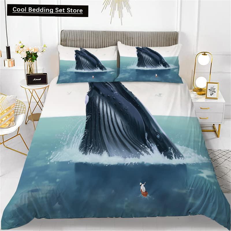 Whales King Queen Duvet Cover Ocean Animal Bedding Set Seaweed Starfish Marine Life Quilt Cover Blue Polyester Comforter Cover