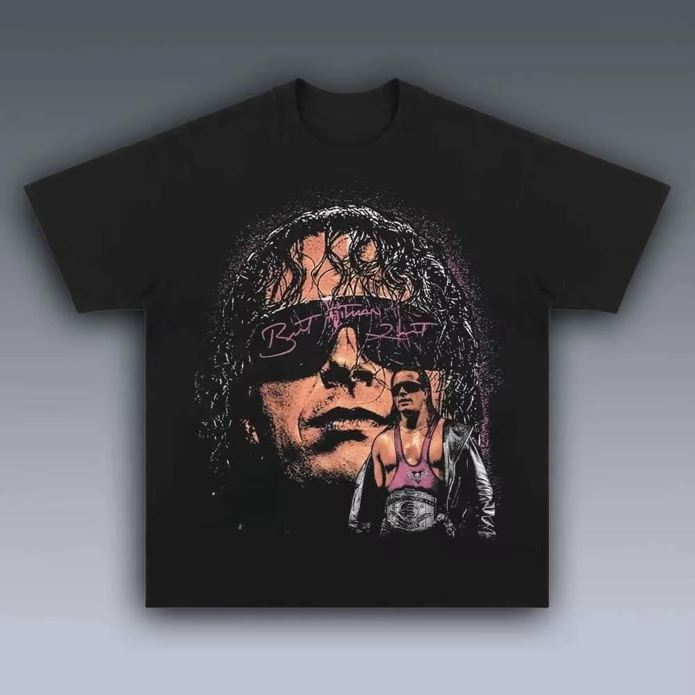 T-shirt con Stampa Ritratto Vintage di Bret Hart Uomo Donna Anni '90 Superstar del Wrestling Fan Casual Streetwear Cotone Manica Corta