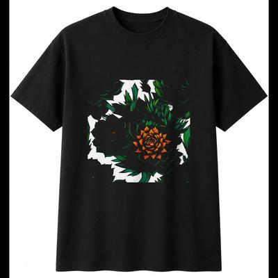 Succulent with Roses Nature Mens T-Shirt Black 100% Cotton Garden Printed
