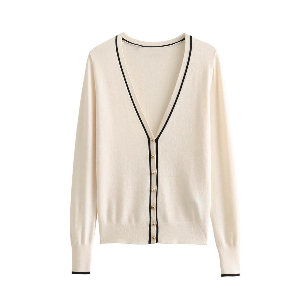 Women's French Style V-Neck Color Block Knit Cardigan Sweater 2024