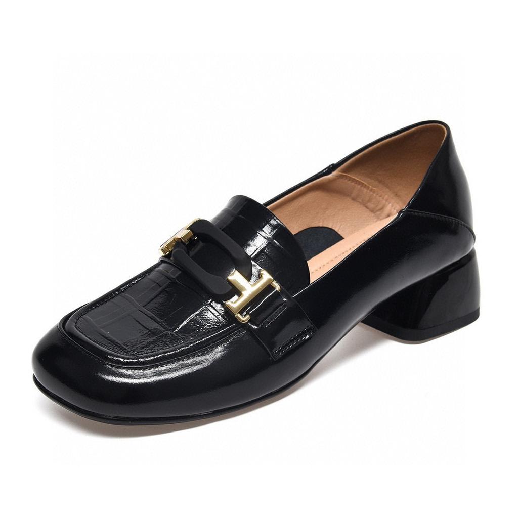 Round head spring and autumn style square head temperament single shoes embossed cowhide thick heel foot cover one shoe two wear women's shoes