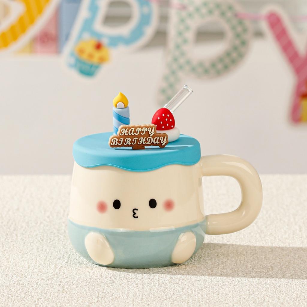 Cartoon birthday gift themed cup with lid mug cute girl set water cup souvenir gift ceramic cup