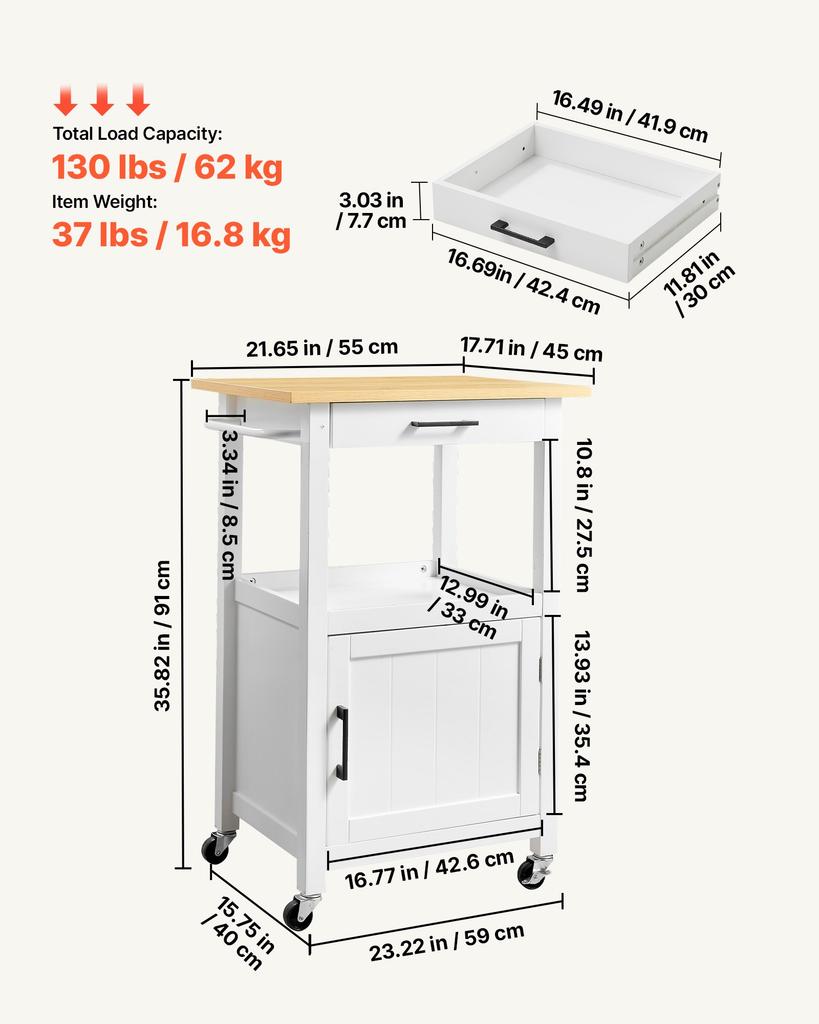 VEVOR Kitchen Island Cart with Single Door Cabinet, Mobile Carts with Drawer, Towel Rack, Hooks, Portable Table on Swivel Wheels