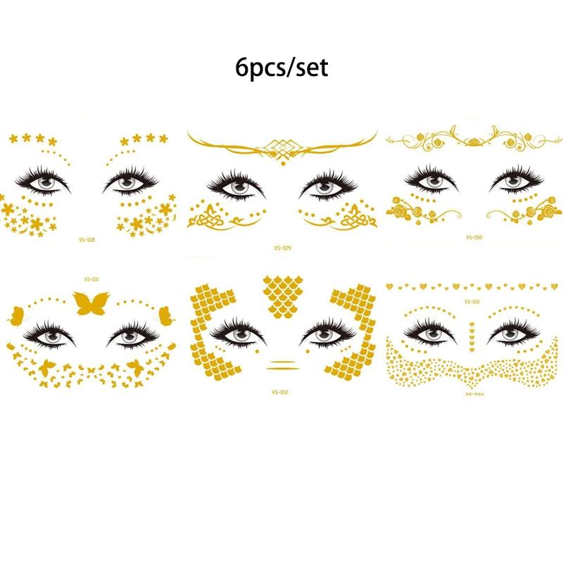 Pegatinas de purpurina para tatuajes faciales, tatuajes temporales metálicos dorados, calcomanías de maquillaje impermeables para chicas, fiestas, festivales de música