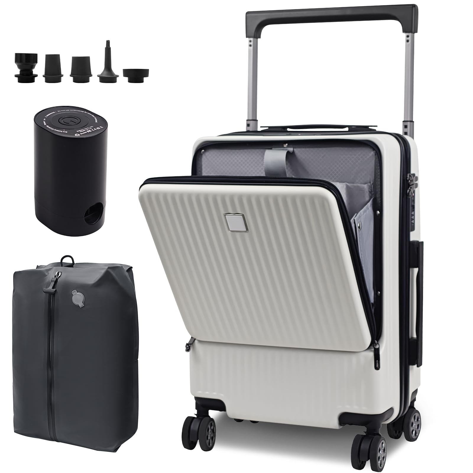 

OPOALO Набор с вакуумным компрессионным мешком и электрическим широким вместительным передним карманом для ручной клади TSA двойной для и подходит для чемодана 42 л, 3-компонентный насос, ручная кладь, бар, белый