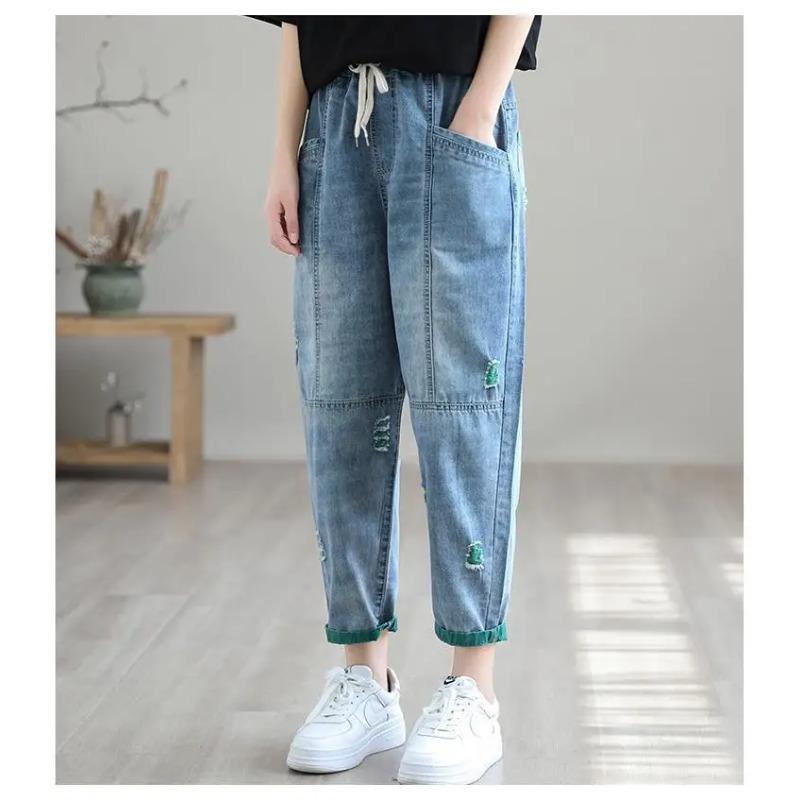 Nine Point Ripped Jeans Women Summer Loose Thin Elastic Waist Casual Harem Pants Denim Ankle Length Pant