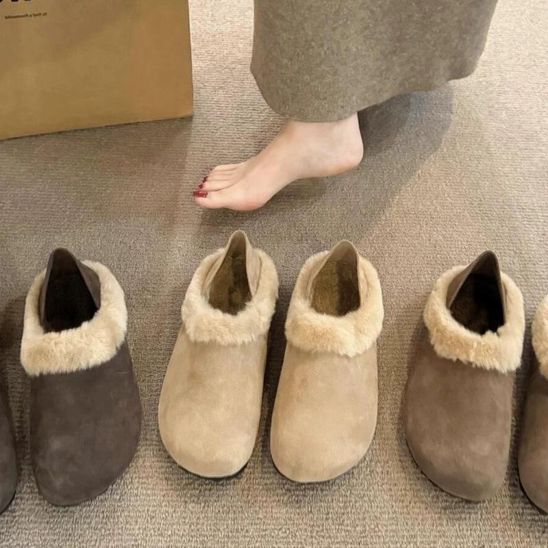 Fleece leather Birkenstocks women step on the heel two wear one pedal versatile cotton shoes retro warm flats