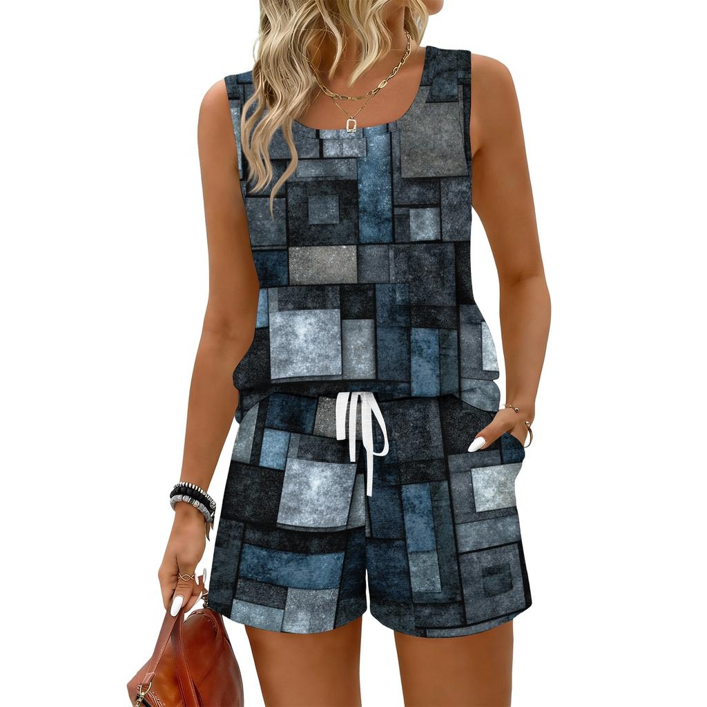 Women Summer Casual Two Piece Set Vintage Floral Print Sleeveless Tank Top Square Neck Sportswear with Pockets Shorts Lounge Outfit